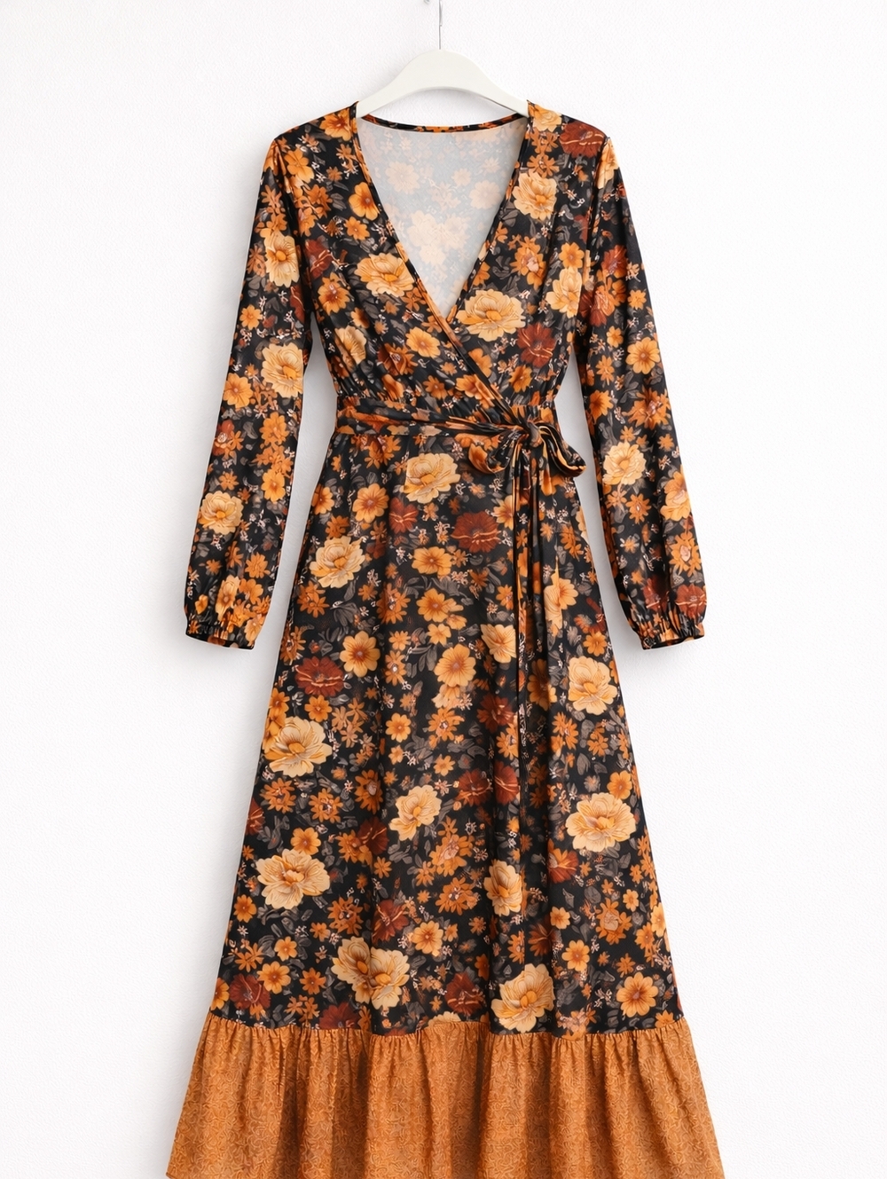 Boho Floral V-Neck Long Sleeve Dress in Orange and Black Wrap Dress NWOT